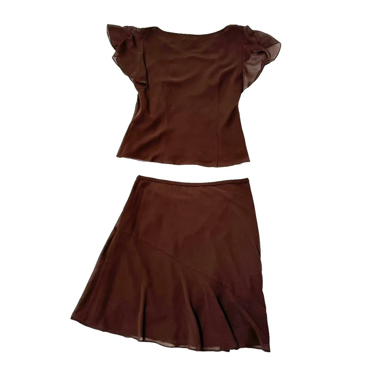 2000s Chocolate Chiffon Midi Skirt Set (L/XL)