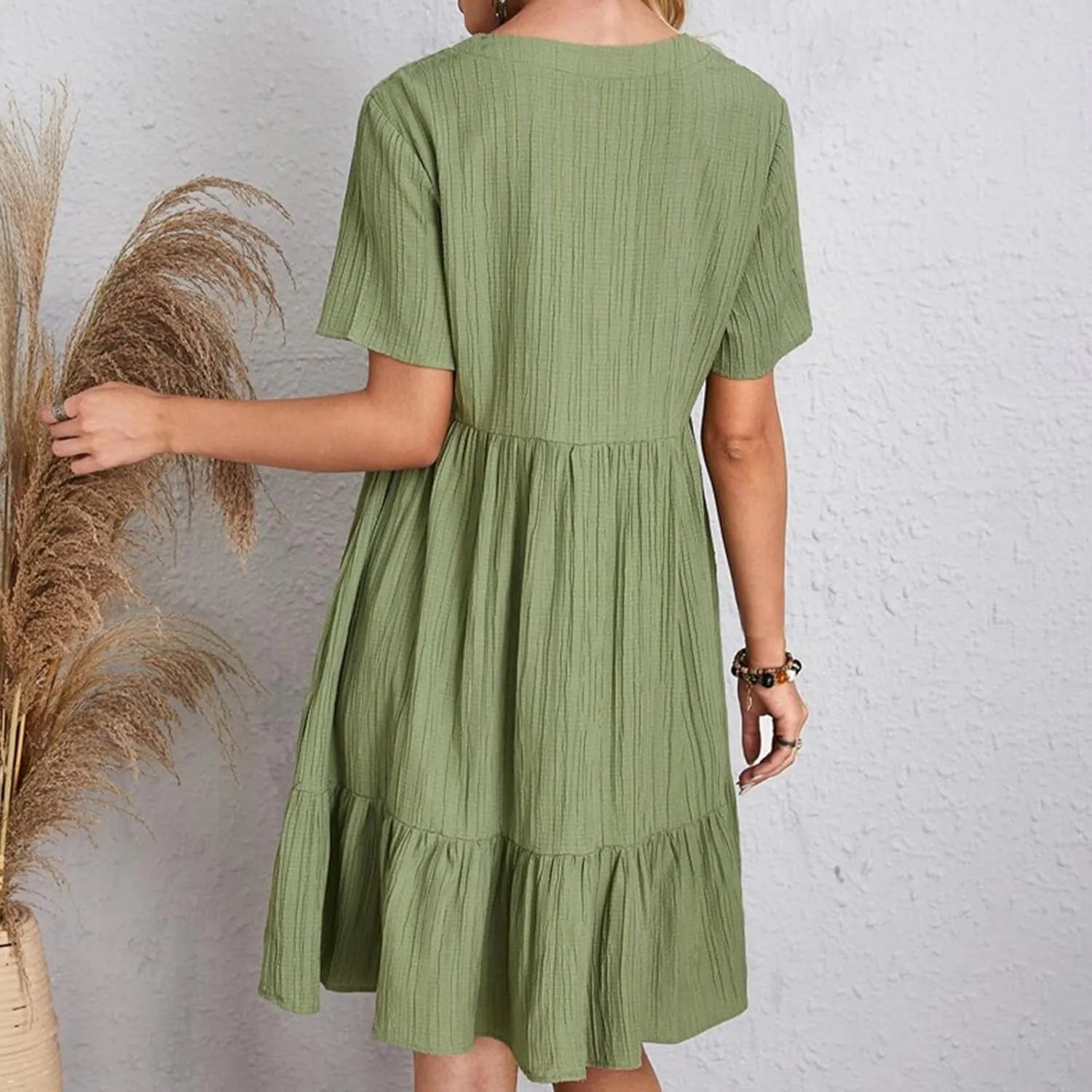 2025 Spring Dresses Women Casual Boho Petite Midi T Shirt Dresses Summer Short Sleeve V Neck Ruffle Hem Tiered Dress
