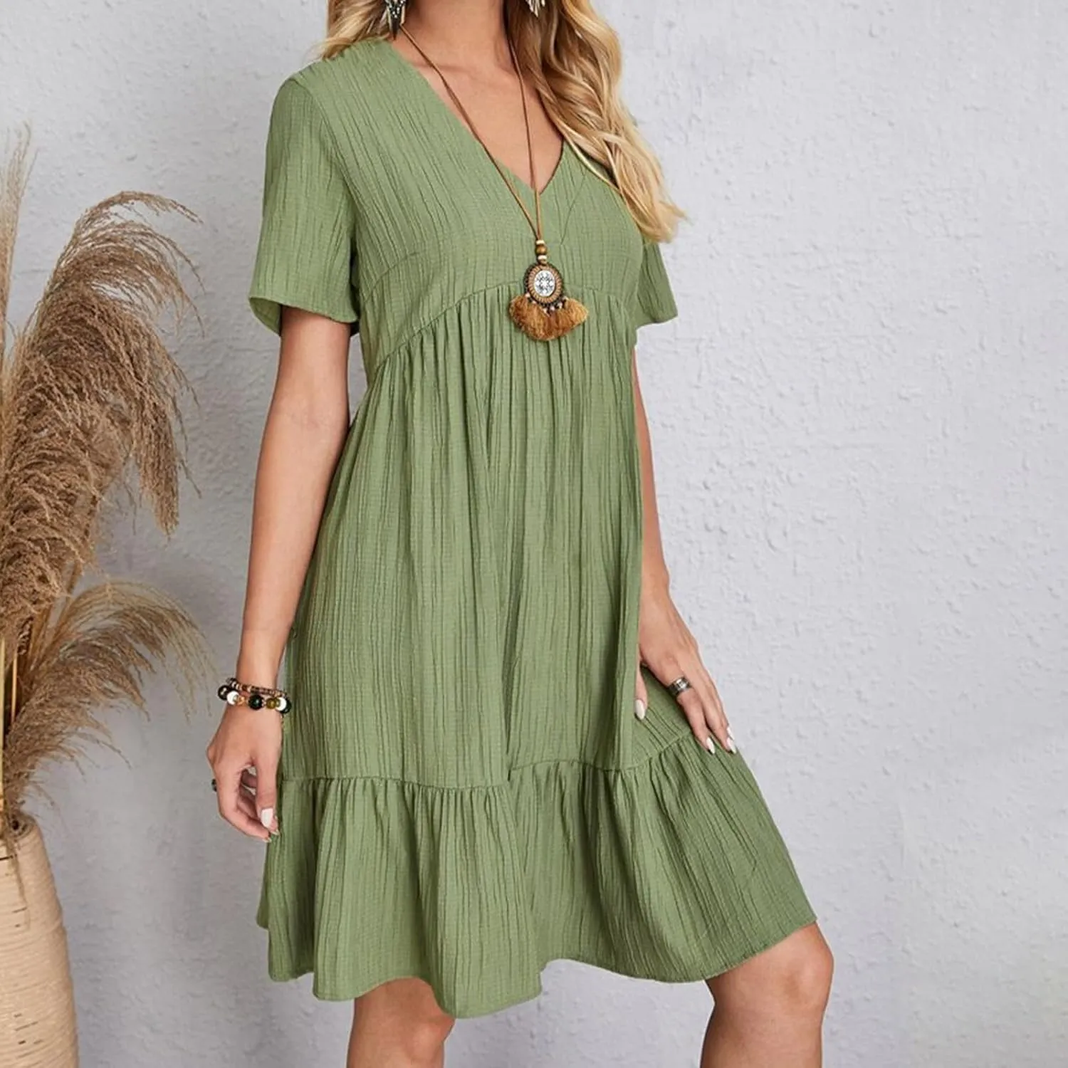 2025 Spring Dresses Women Casual Boho Petite Midi T Shirt Dresses Summer Short Sleeve V Neck Ruffle Hem Tiered Dress
