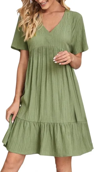 2025 Spring Dresses Women Casual Boho Petite Midi T Shirt Dresses Summer Short Sleeve V Neck Ruffle Hem Tiered Dress