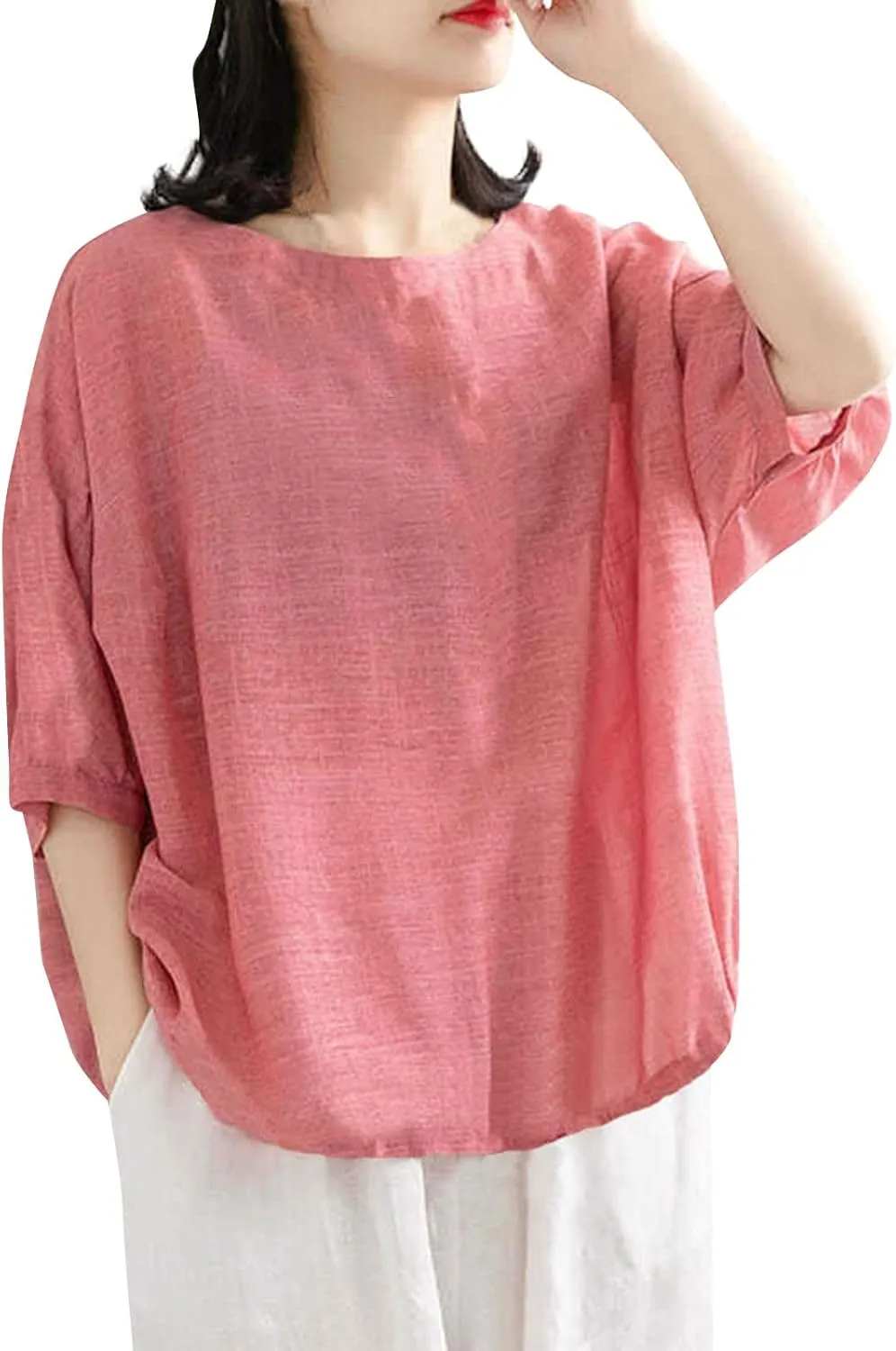 2025 Women Summer Oversize Cotton Linen Tops Trendy Casual Beach Shirts 3/4 Sleeve V Neck Loose Tunic Top Basic Tees
