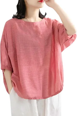 2025 Women Summer Oversize Cotton Linen Tops Trendy Casual Beach Shirts 3/4 Sleeve V Neck Loose Tunic Top Basic Tees