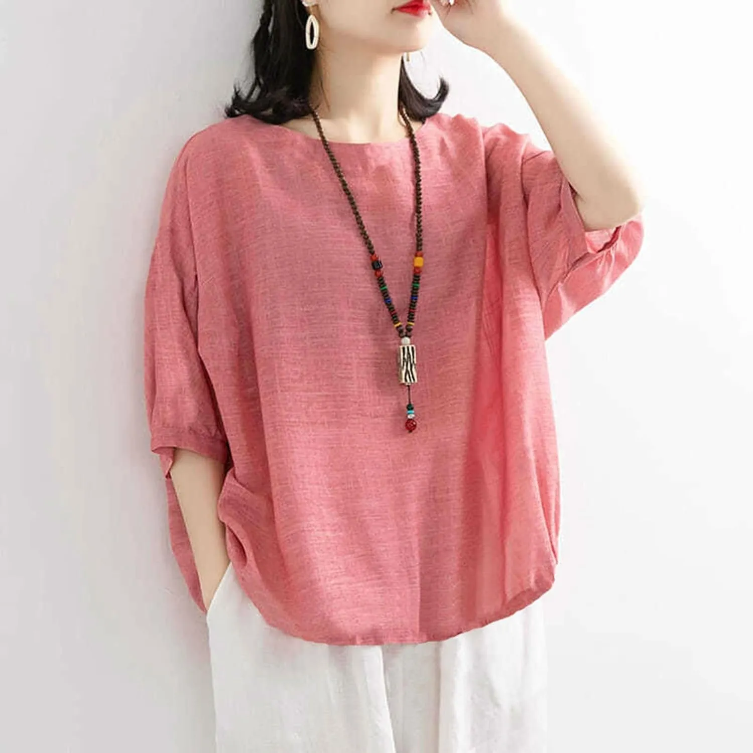 2025 Women Summer Oversize Cotton Linen Tops Trendy Casual Beach Shirts 3/4 Sleeve V Neck Loose Tunic Top Basic Tees