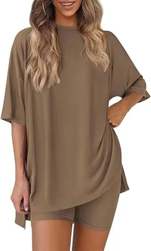 2025 Women's Summer Casual Loose Two-Piece Casual Suit, Two Piece Lounge Set Casual Oversized Tshirts Biker Shorts(Brown,X-Small)