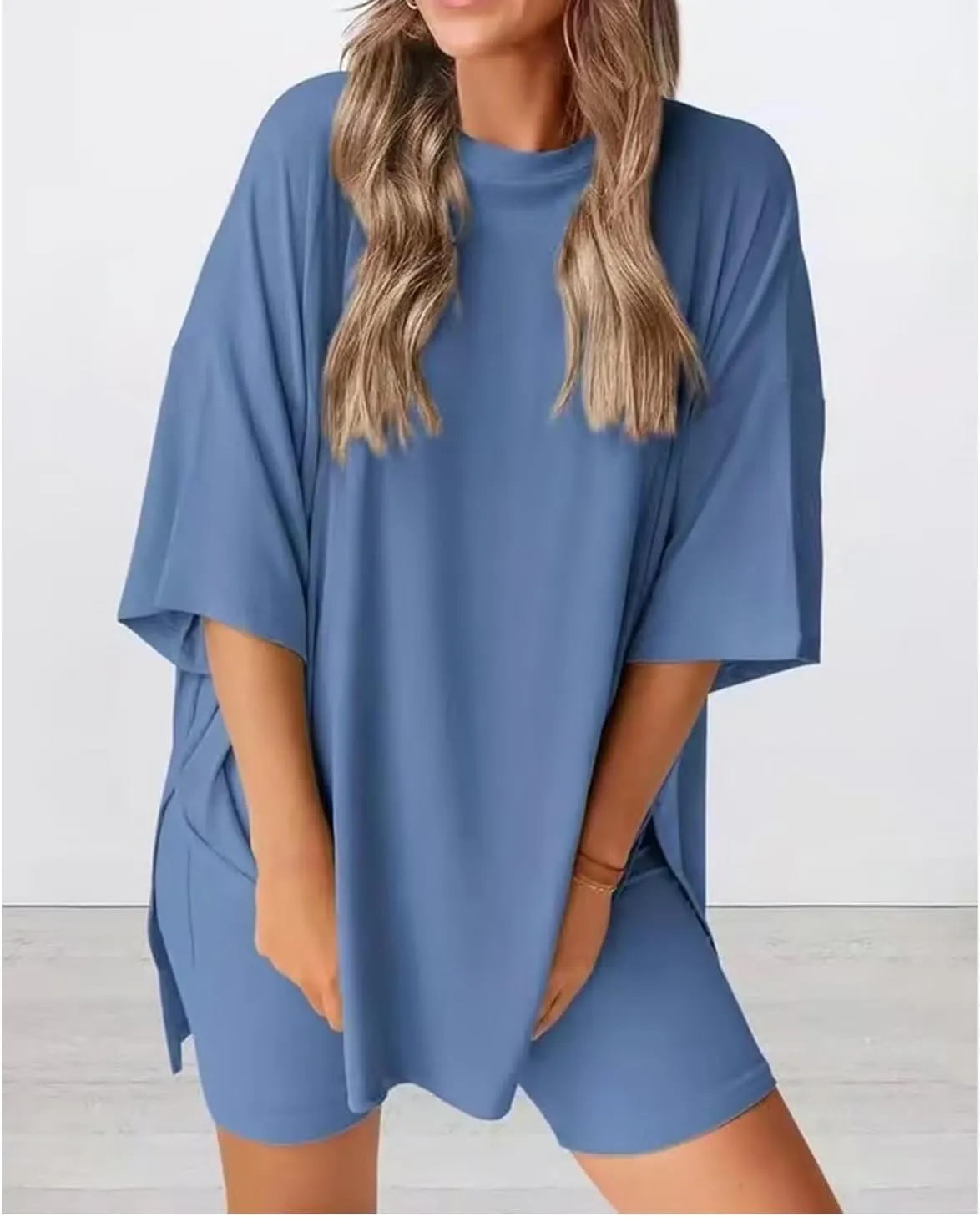 2025 Women's Summer Casual Loose Two-Piece Casual Suit, Two Piece Lounge Set Casual Oversized Tshirts Biker Shorts(Brown,X-Small)