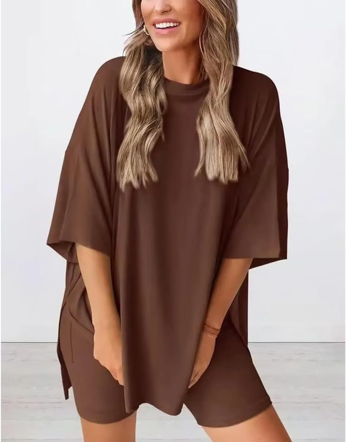 2025 Women's Summer Casual Loose Two-Piece Casual Suit, Two Piece Lounge Set Casual Oversized Tshirts Biker Shorts(Brown,X-Small)
