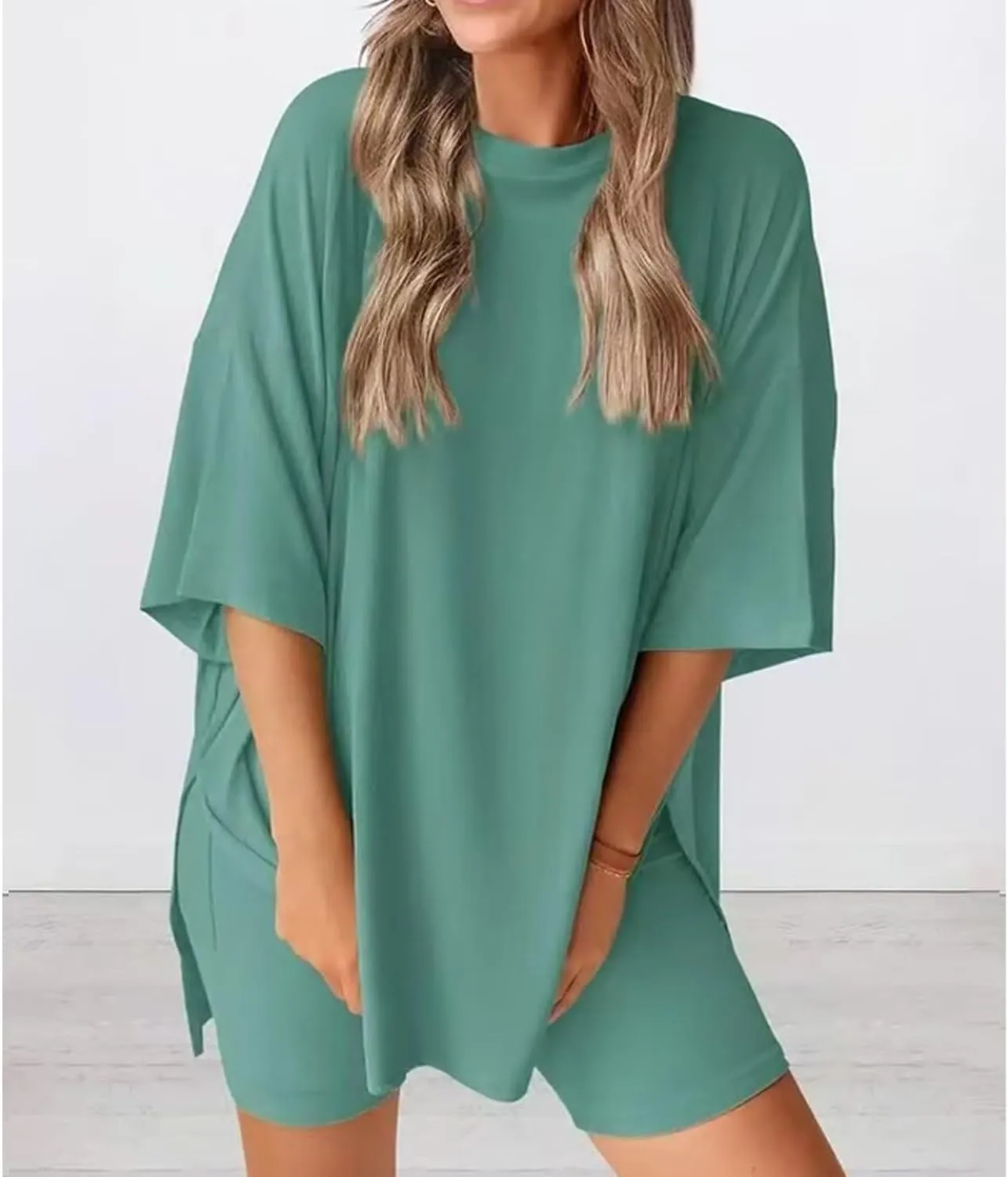 2025 Women's Summer Casual Loose Two-Piece Casual Suit, Two Piece Lounge Set Casual Oversized Tshirts Biker Shorts(Brown,X-Small)