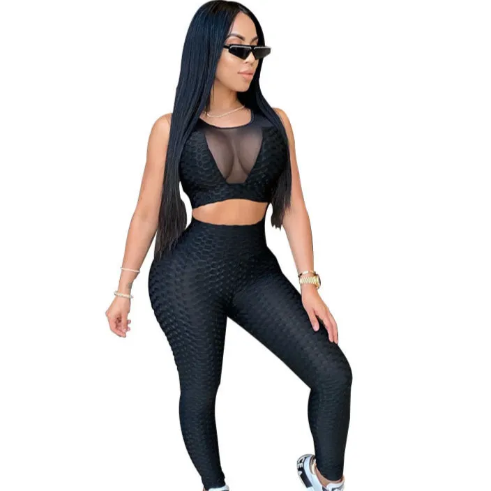 2pcs Wholesale Women Sportswear Sets See-Through Top   Leggings