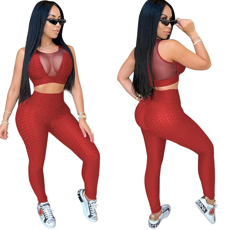 2pcs Wholesale Women Sportswear Sets See-Through Top   Leggings