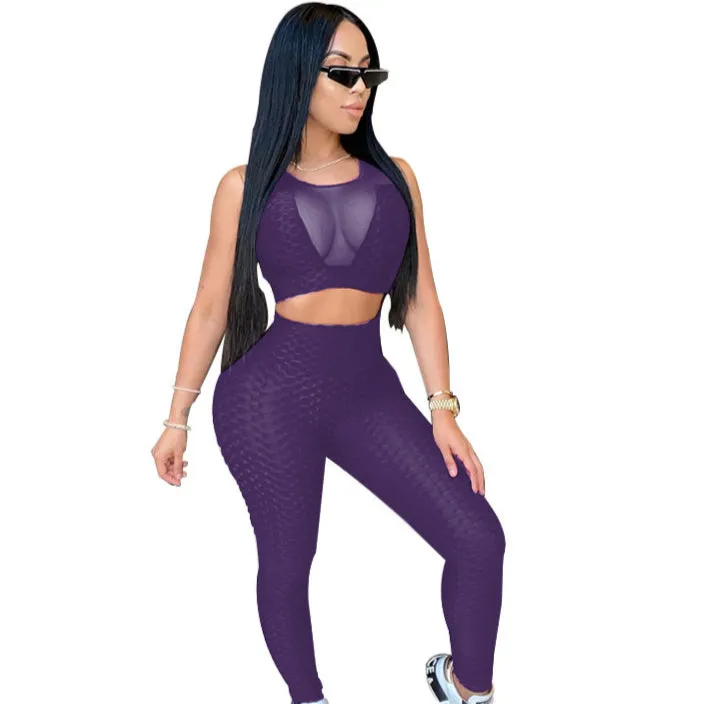 2pcs Wholesale Women Sportswear Sets See-Through Top   Leggings