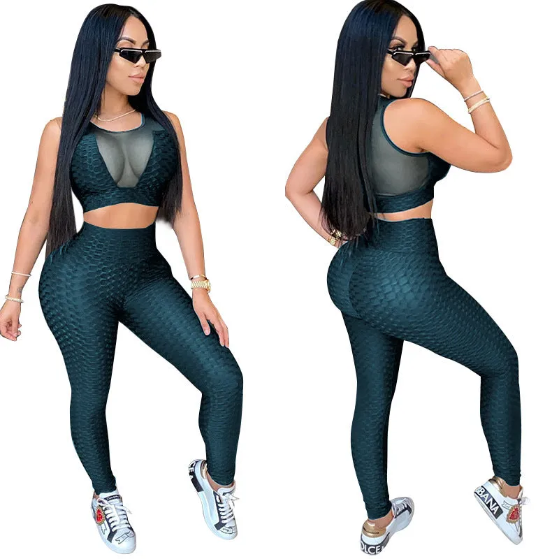 2pcs Wholesale Women Sportswear Sets See-Through Top   Leggings