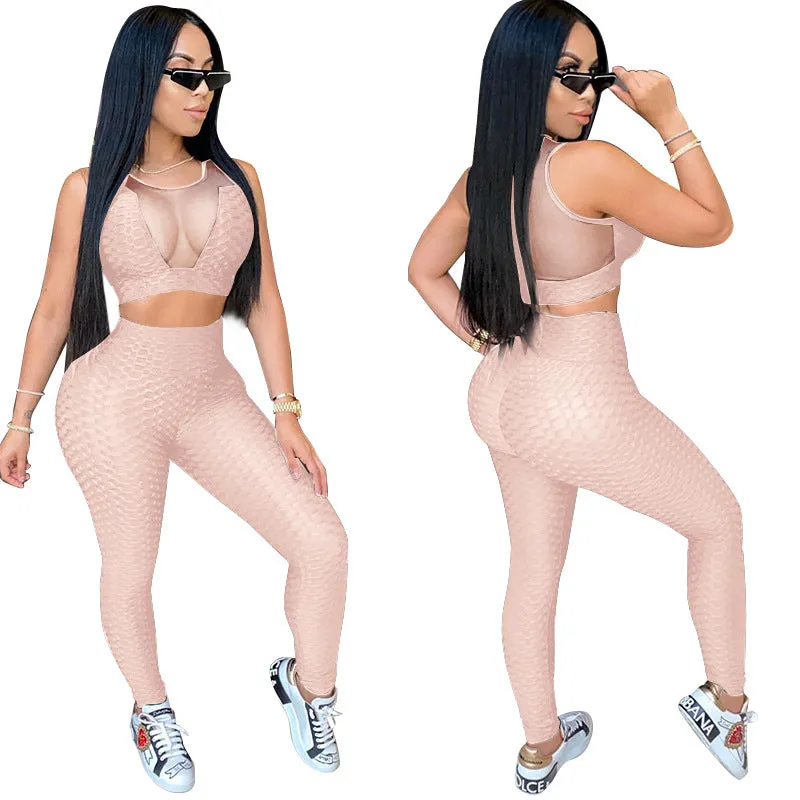2pcs Wholesale Women Sportswear Sets See-Through Top   Leggings