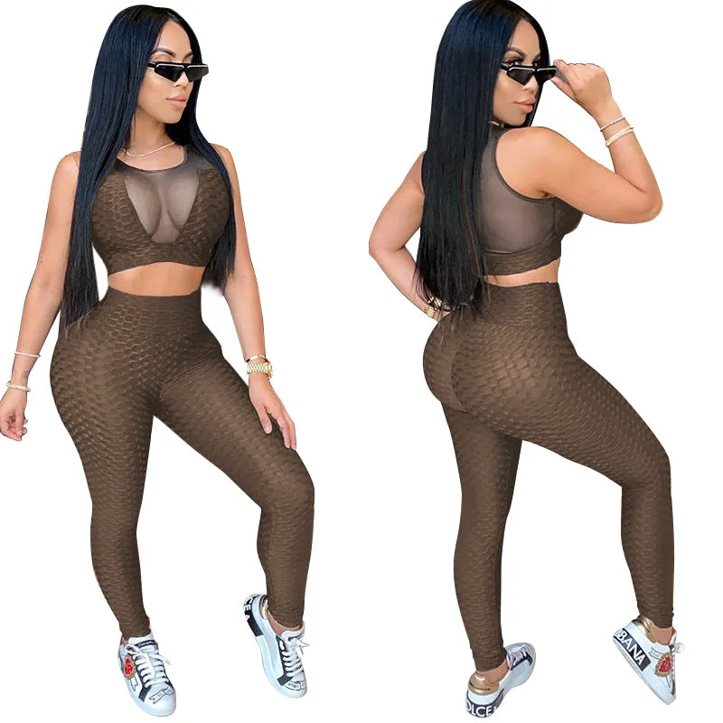2pcs Wholesale Women Sportswear Sets See-Through Top   Leggings