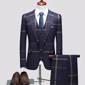 3 Pcs Suits Set Coat Vest Pants / Fashion Casual Boutique Business Plaid Slim Formal Dress Blazers Jacket Waistcoat