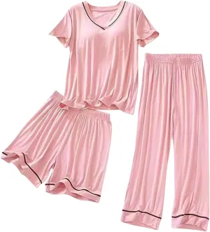 3 Piece Plus Size Pajama Sets for Women Built in Bra Short Sleeve Tops and Lounge Shorts and Pants Nightwear Pj Sets