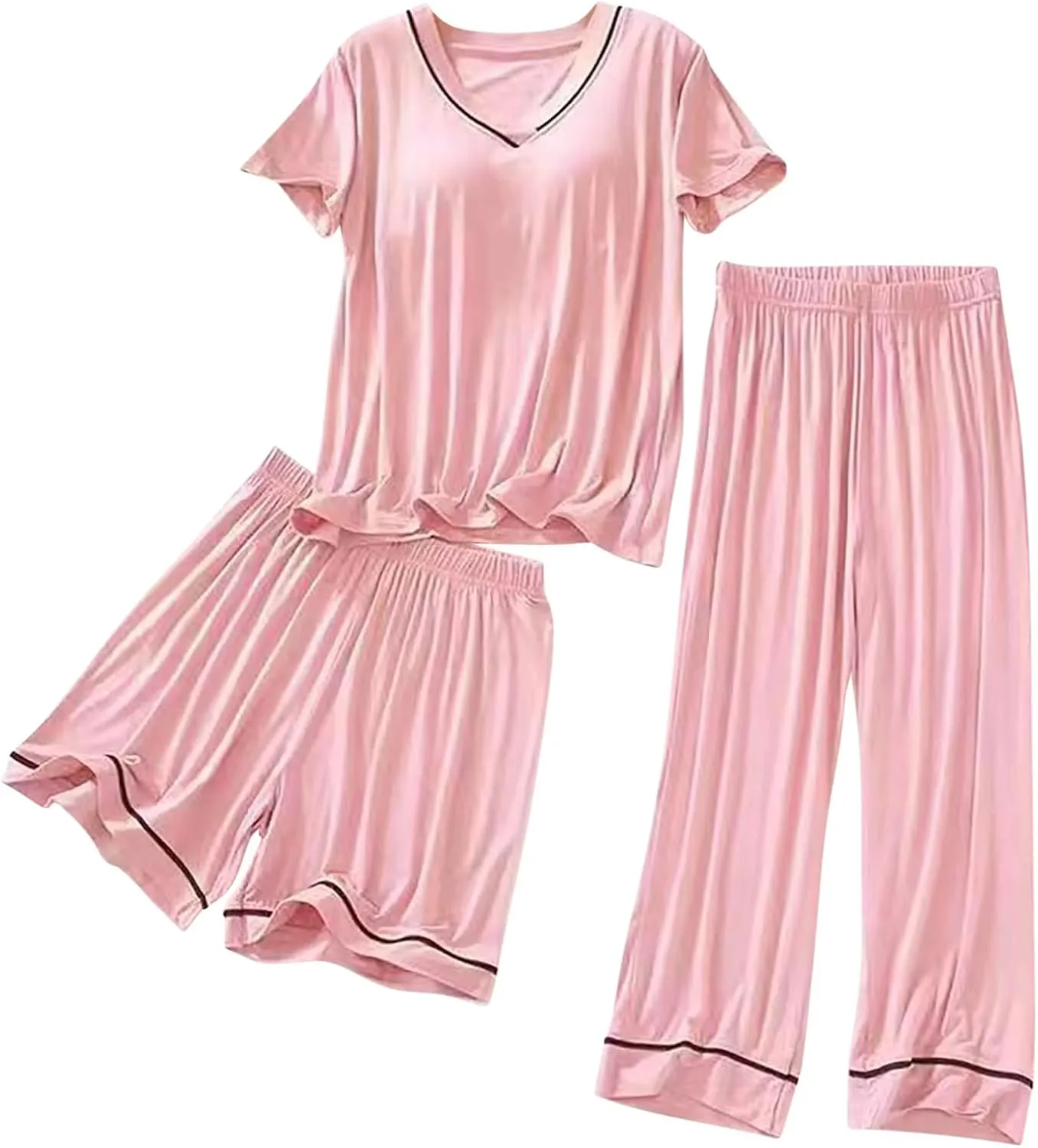 3 Piece Plus Size Pajama Sets for Women Built in Bra Short Sleeve Tops and Lounge Shorts and Pants Nightwear Pj Sets