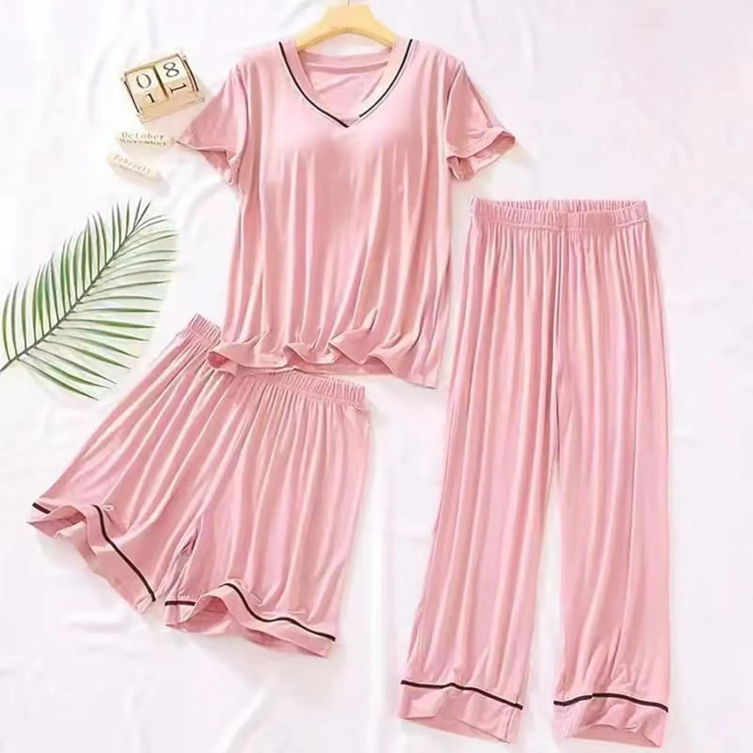 3 Piece Plus Size Pajama Sets for Women Built in Bra Short Sleeve Tops and Lounge Shorts and Pants Nightwear Pj Sets