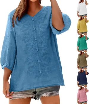 3/4 Length Sleeve Womens Tops Beach Vacation Boho Pullover Tunic Shirts Spring Casual Loose V Neck Embroidered Tops