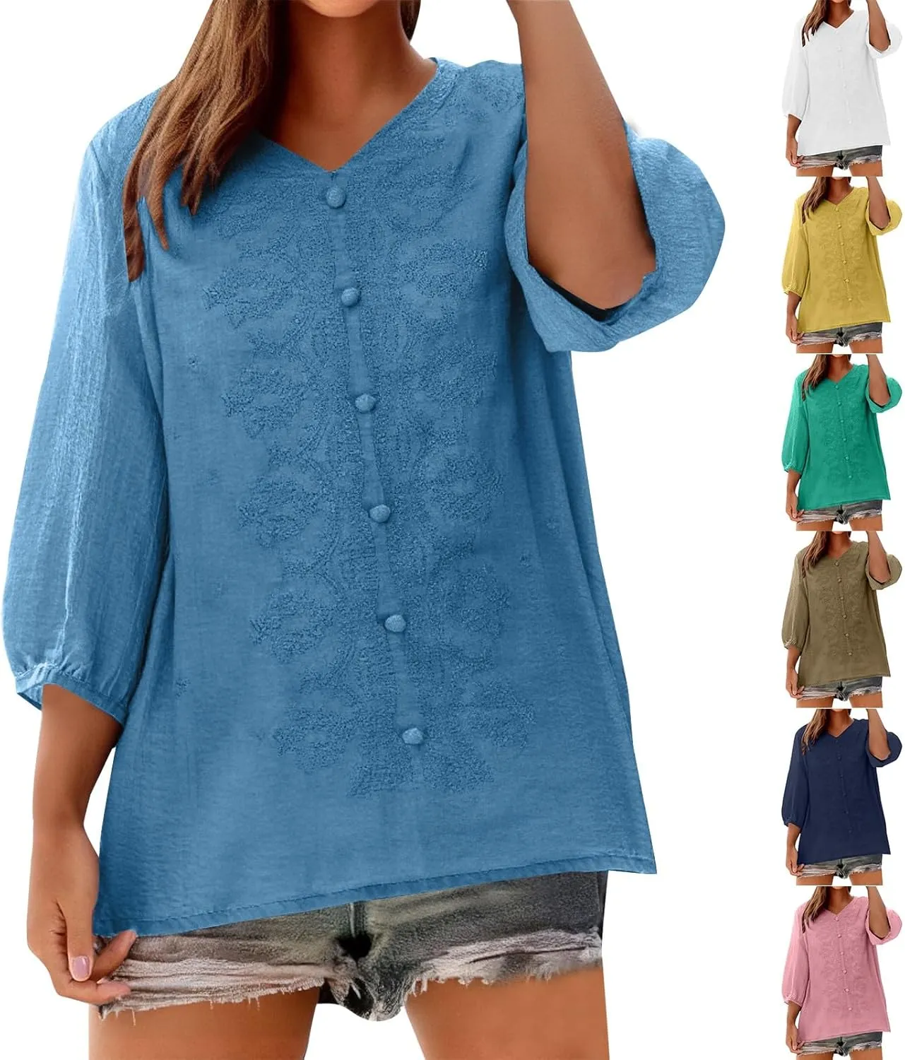3/4 Length Sleeve Womens Tops Beach Vacation Boho Pullover Tunic Shirts Spring Casual Loose V Neck Embroidered Tops