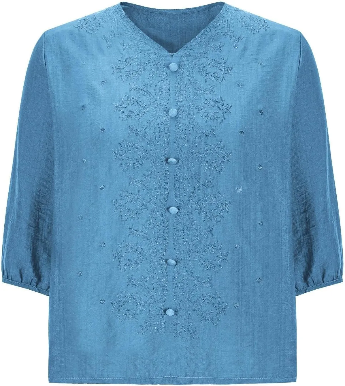 3/4 Length Sleeve Womens Tops Beach Vacation Boho Pullover Tunic Shirts Spring Casual Loose V Neck Embroidered Tops