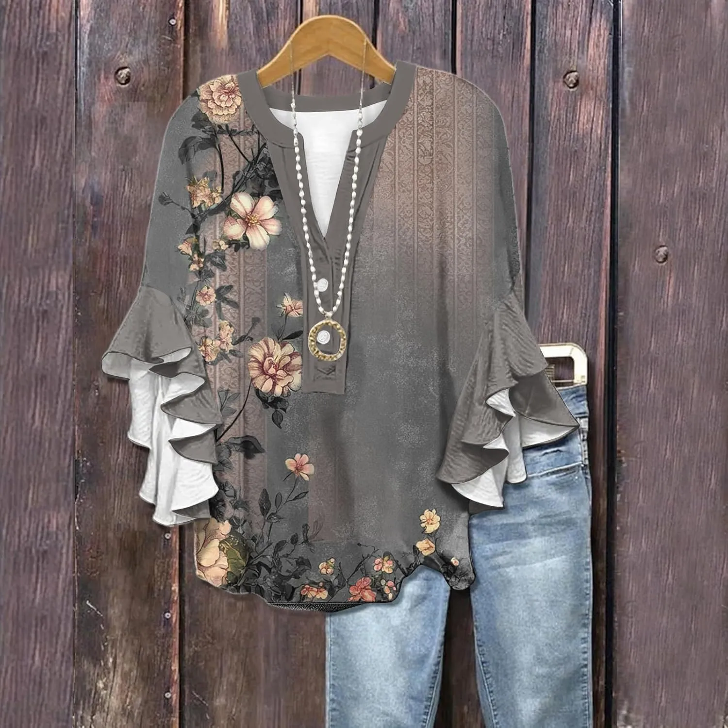 3/4 Length Sleeve Womens Tops Summer 2025 Floral Shirts 3/4 Ruffle Sleeve V Neck Half Button Down Flowy Blouse