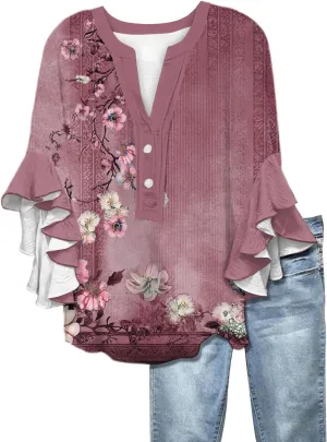 3/4 Length Sleeve Womens Tops Summer 2025 Floral Shirts 3/4 Ruffle Sleeve V Neck Half Button Down Flowy Blouse