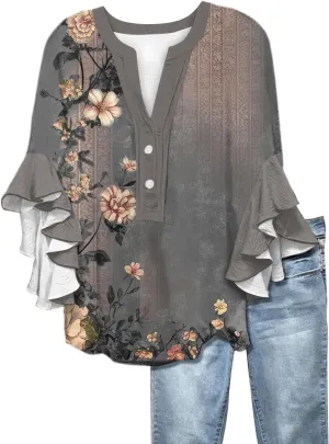 3/4 Length Sleeve Womens Tops Summer 2025 Floral Shirts 3/4 Ruffle Sleeve V Neck Half Button Down Flowy Blouse