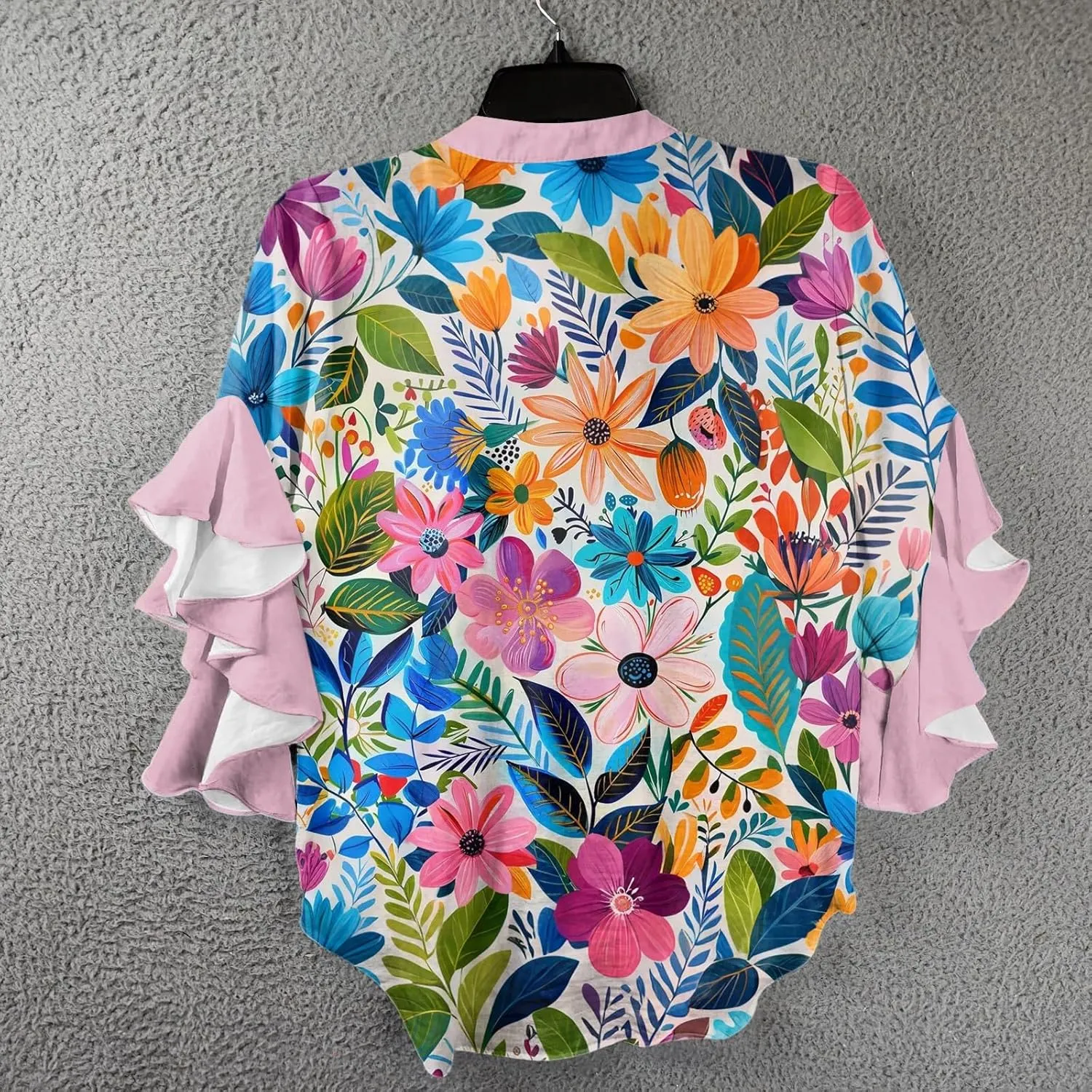 3/4 Length Sleeve Womens Tops Summer 2025 Floral Shirts 3/4 Ruffle Sleeve V Neck Half Button Down Flowy Blouse
