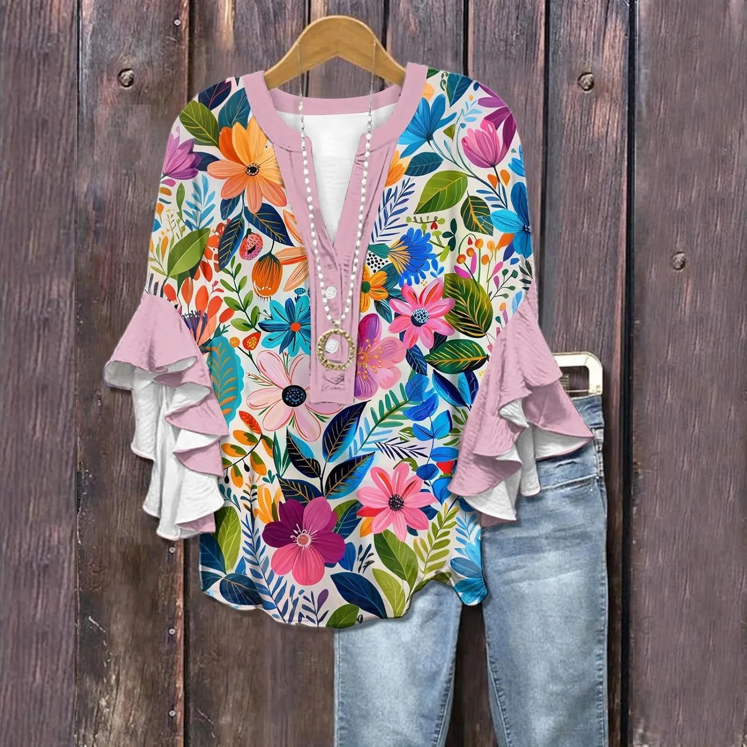 3/4 Length Sleeve Womens Tops Summer 2025 Floral Shirts 3/4 Ruffle Sleeve V Neck Half Button Down Flowy Blouse