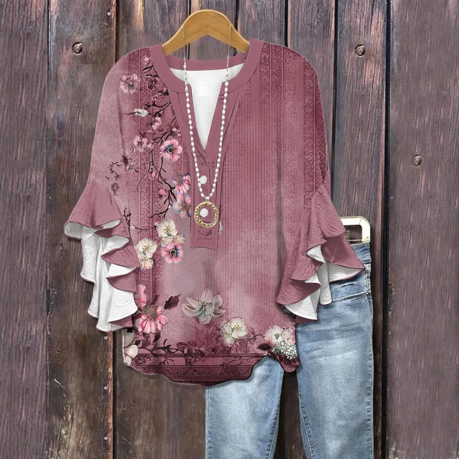 3/4 Length Sleeve Womens Tops Summer 2025 Floral Shirts 3/4 Ruffle Sleeve V Neck Half Button Down Flowy Blouse