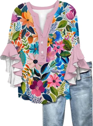 3/4 Length Sleeve Womens Tops Summer 2025 Floral Shirts 3/4 Ruffle Sleeve V Neck Half Button Down Flowy Blouse