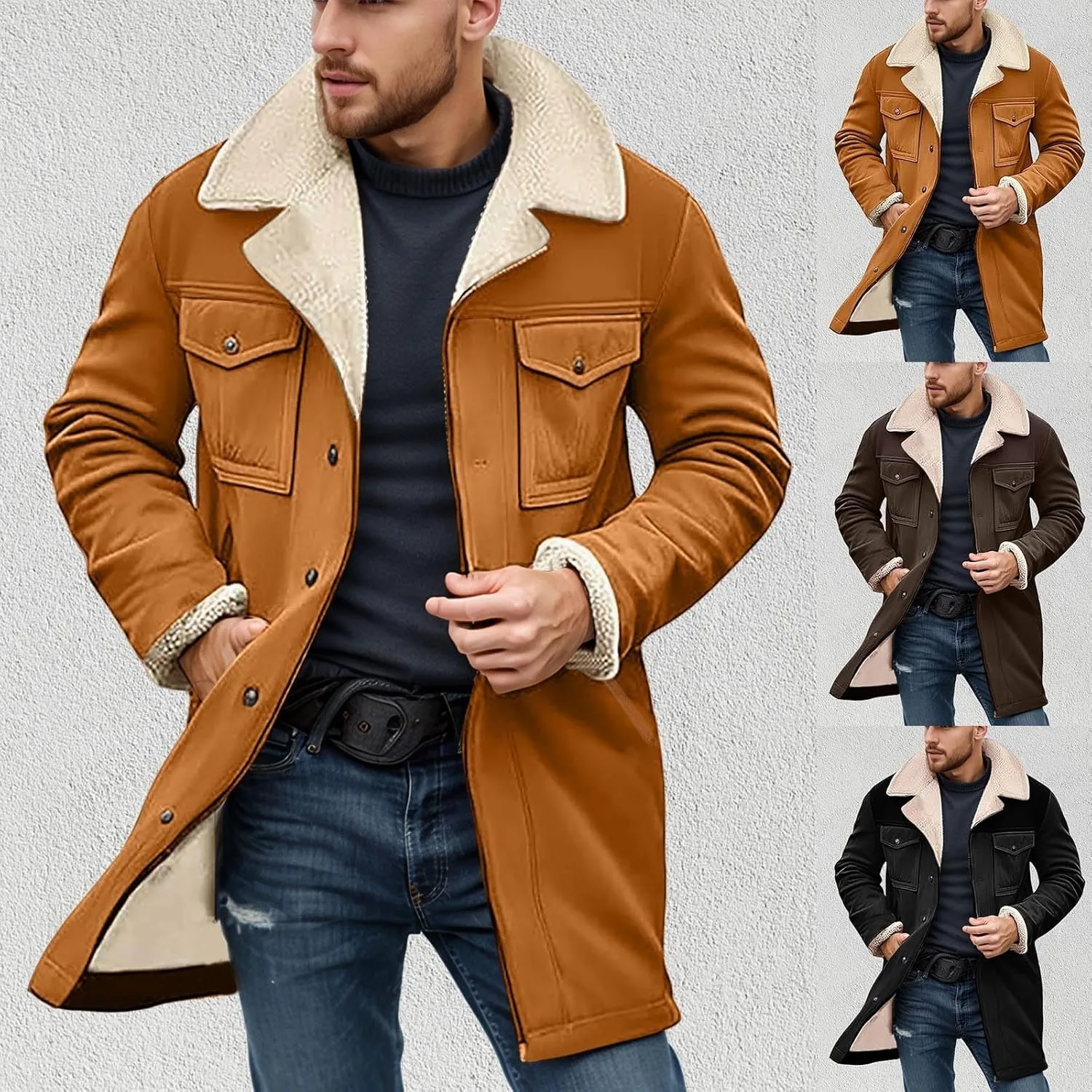 Alalaso Vintage Suede Pocket Plush Reversed Collar Mens Outdoor Jacket Western Outdoor Windbreaker Jacket Coat Retro Top