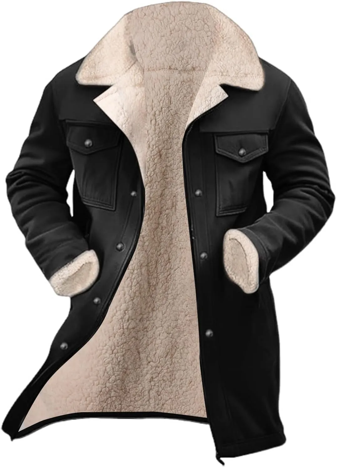 Alalaso Vintage Suede Pocket Plush Reversed Collar Mens Outdoor Jacket Western Outdoor Windbreaker Jacket Coat Retro Top