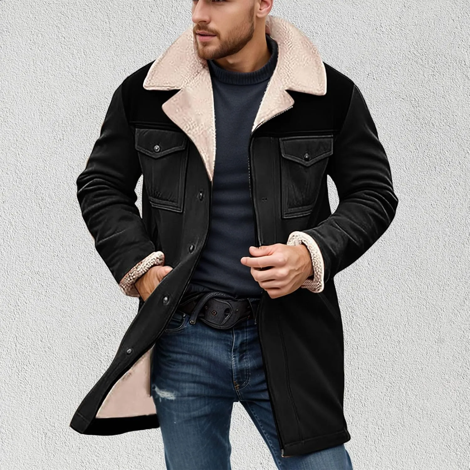 Alalaso Vintage Suede Pocket Plush Reversed Collar Mens Outdoor Jacket Western Outdoor Windbreaker Jacket Coat Retro Top