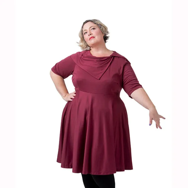 Asymmetrical Collar Dress in navy, mid blue or maroon cotton jersey - fits plus size 18-24 AU
