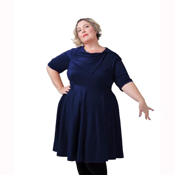 Asymmetrical Collar Dress in navy, mid blue or maroon cotton jersey - fits plus size 18-24 AU