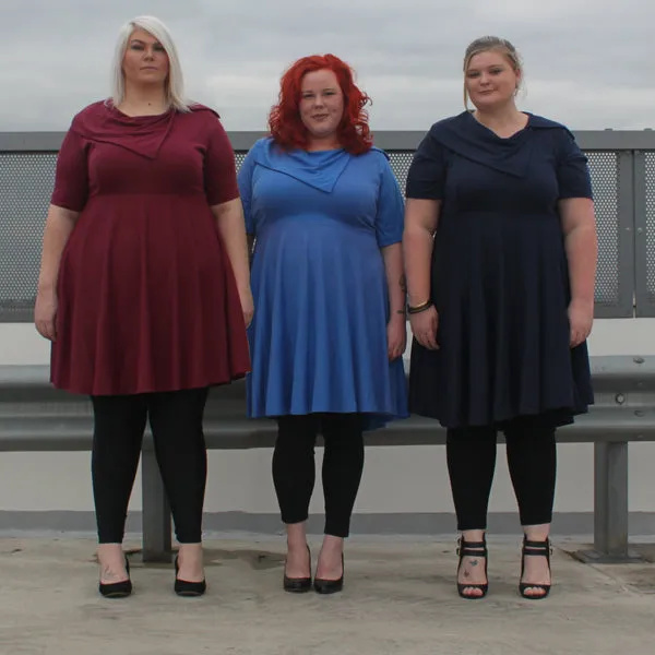 Asymmetrical Collar Dress in navy, mid blue or maroon cotton jersey - fits plus size 18-24 AU