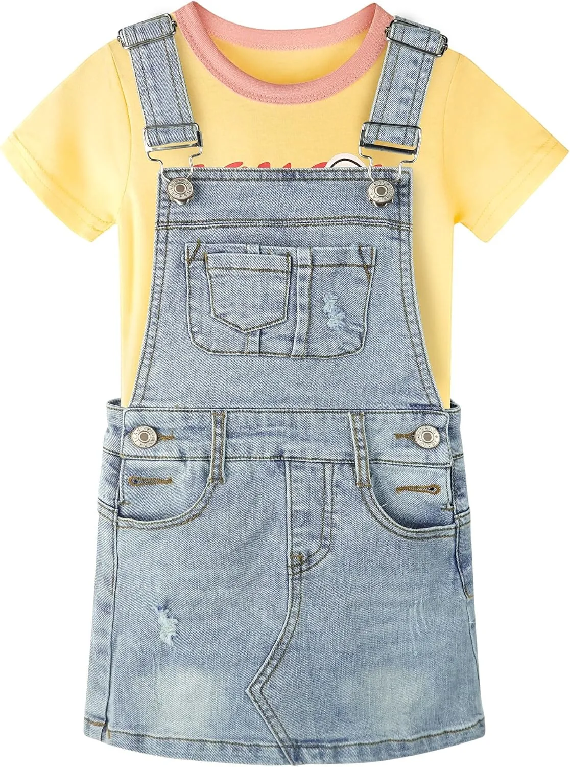 Baby & Little Girls Denim Overall Dresses Sets, Crewneck Cotton T-shirt Jeans Suspender Skirts