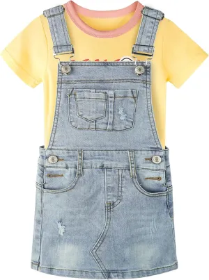 Baby & Little Girls Denim Overall Dresses Sets, Crewneck Cotton T-shirt Jeans Suspender Skirts
