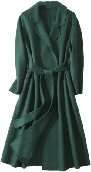 Bciopll Women Wool Blend Handmade Wool Women Belts Two Pockets Long Coat Office Wool Winter Overcoat