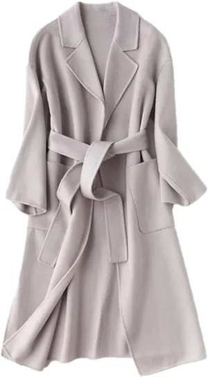 Bciopll Women Wool Blend Handmade Wool Women Belts Two Pockets Long Coat Office Wool Winter Overcoat