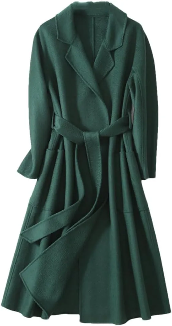 Bciopll Women Wool Blend Handmade Wool Women Belts Two Pockets Long Coat Office Wool Winter Overcoat