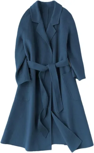 Bciopll Women Wool Blend Handmade Wool Women Belts Two Pockets Long Coat Office Wool Winter Overcoat