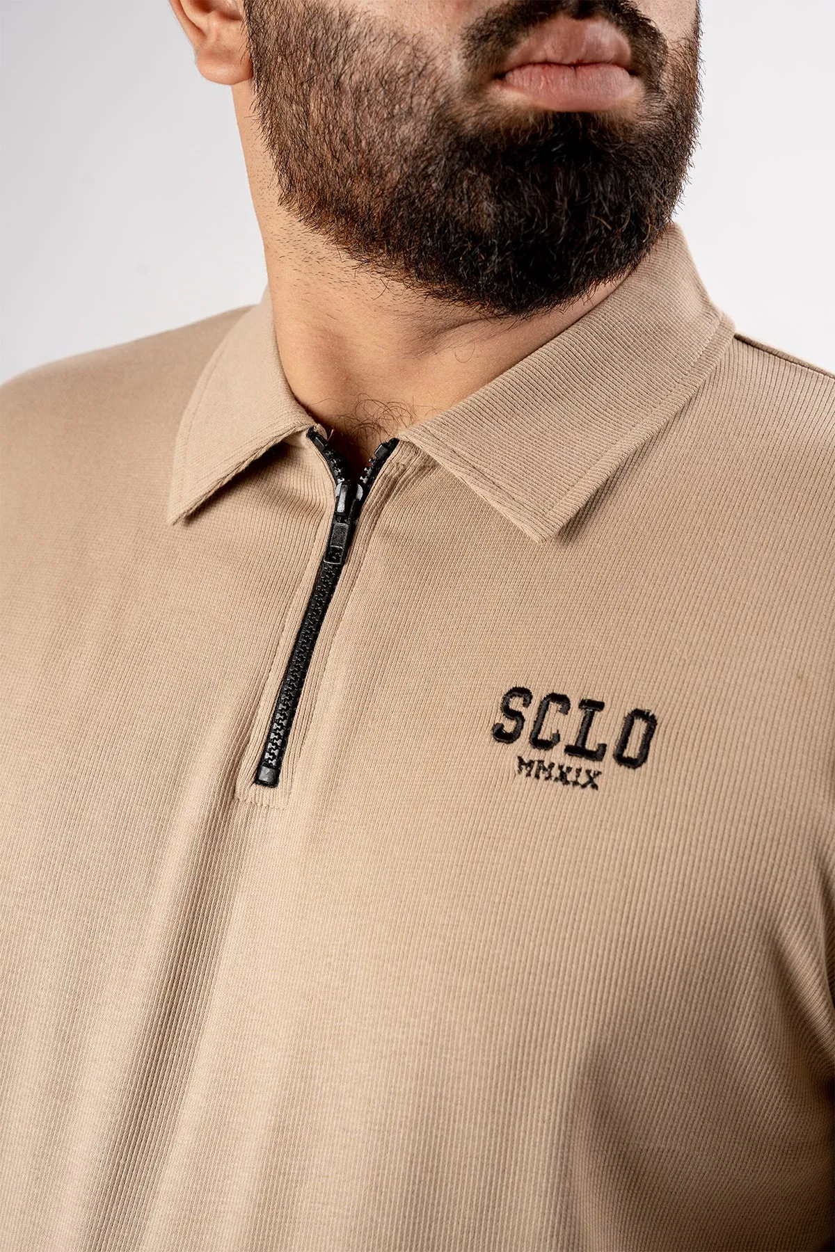 Beige Textured Quarter Zip Sweatshirt (Plus Size) - S24 - MSW100P