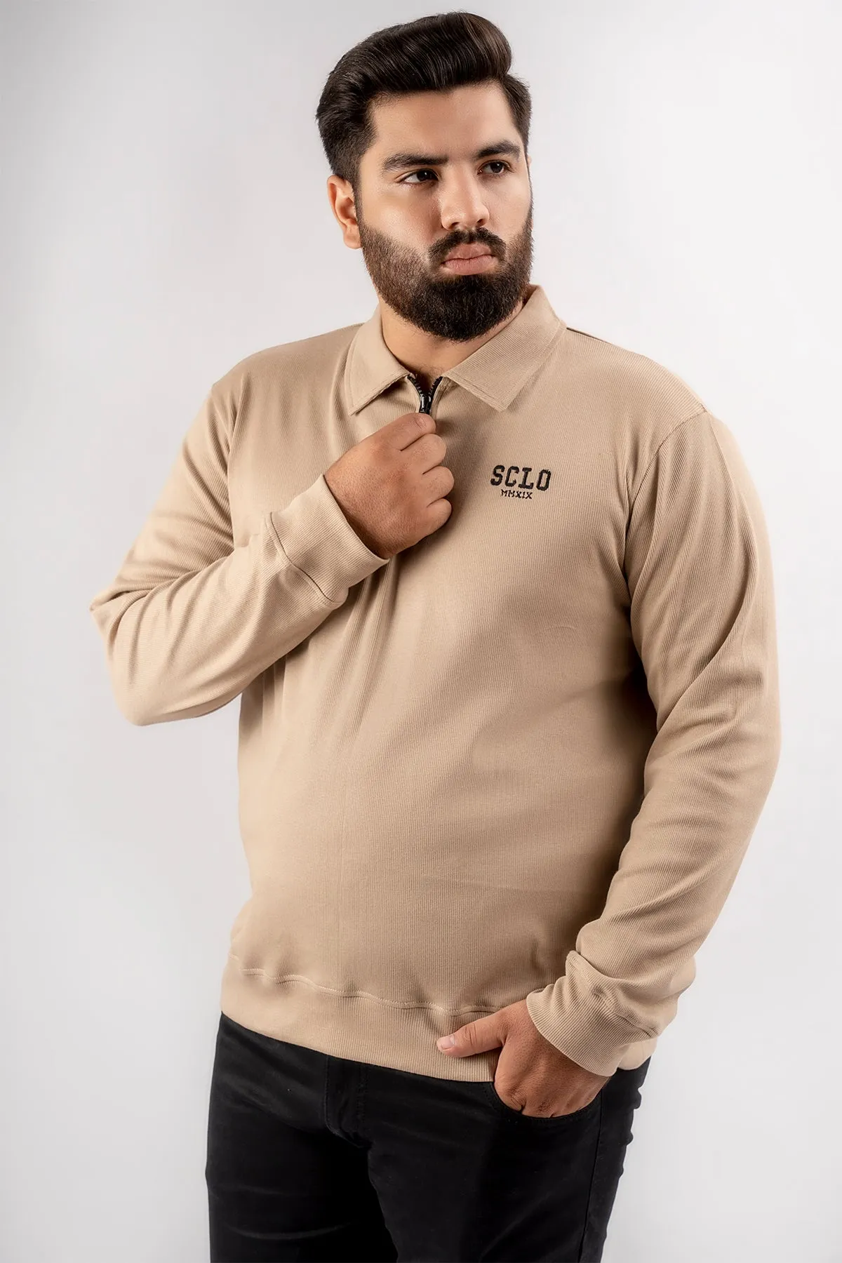 Beige Textured Quarter Zip Sweatshirt (Plus Size) - S24 - MSW100P