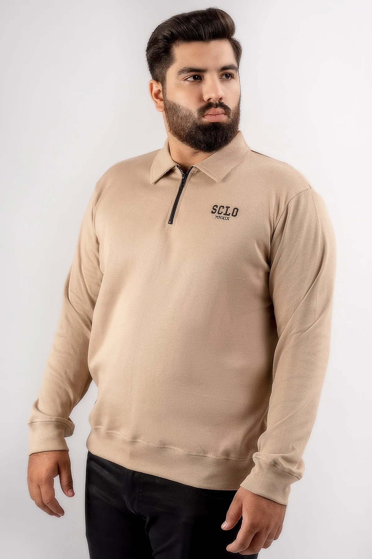 Beige Textured Quarter Zip Sweatshirt (Plus Size) - S24 - MSW100P