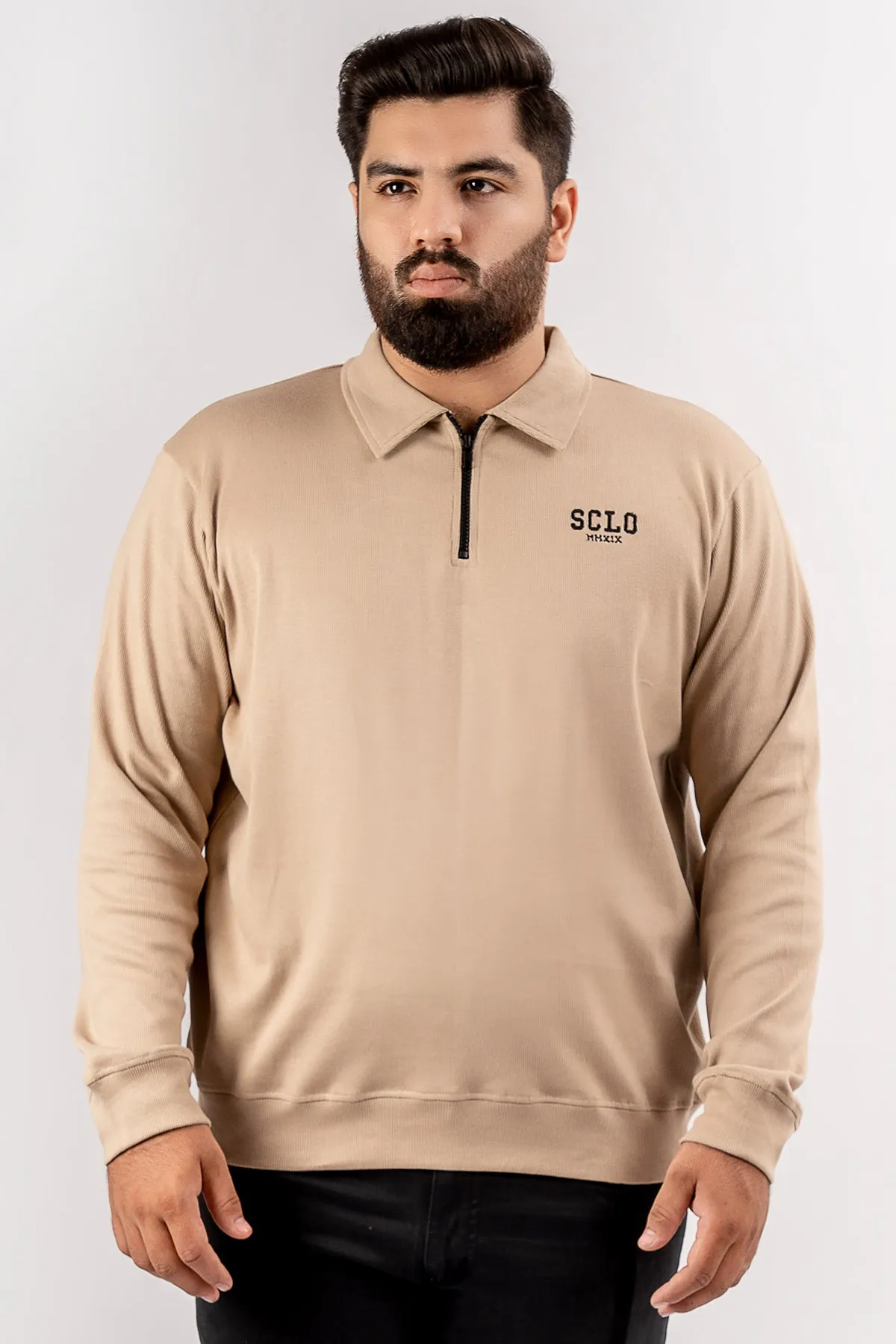 Beige Textured Quarter Zip Sweatshirt (Plus Size) - S24 - MSW100P