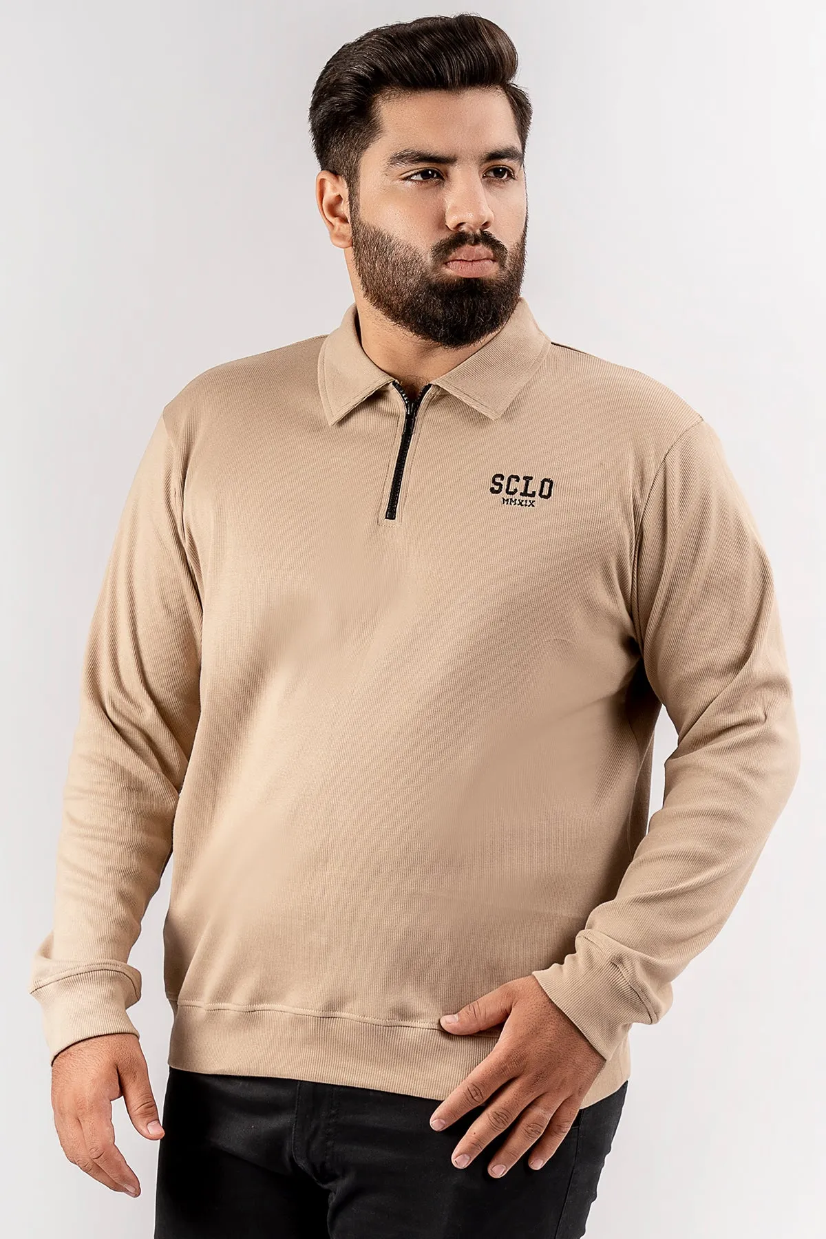 Beige Textured Quarter Zip Sweatshirt (Plus Size) - S24 - MSW100P