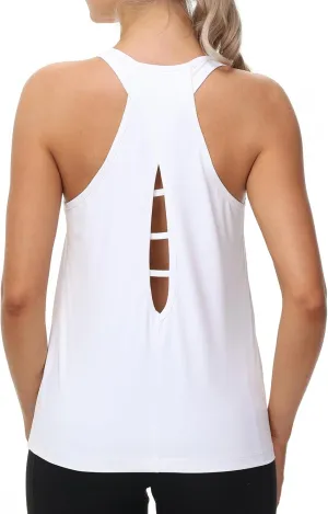 BETTERCHIC Workout Tank Tops Woman Racerback Tank Tops Open Back Athletic Tank Tops Loose Fit Gym Tops Sleeveless Running Tops Exercise Sports (White,S)