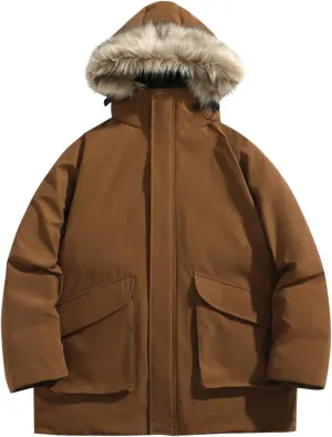 Bidobibo Reversible Quilted Jacket Men Winter Jacket with Fur Hood Winter Coats for Men Warm Parka Long Sleeve Puffer Coat